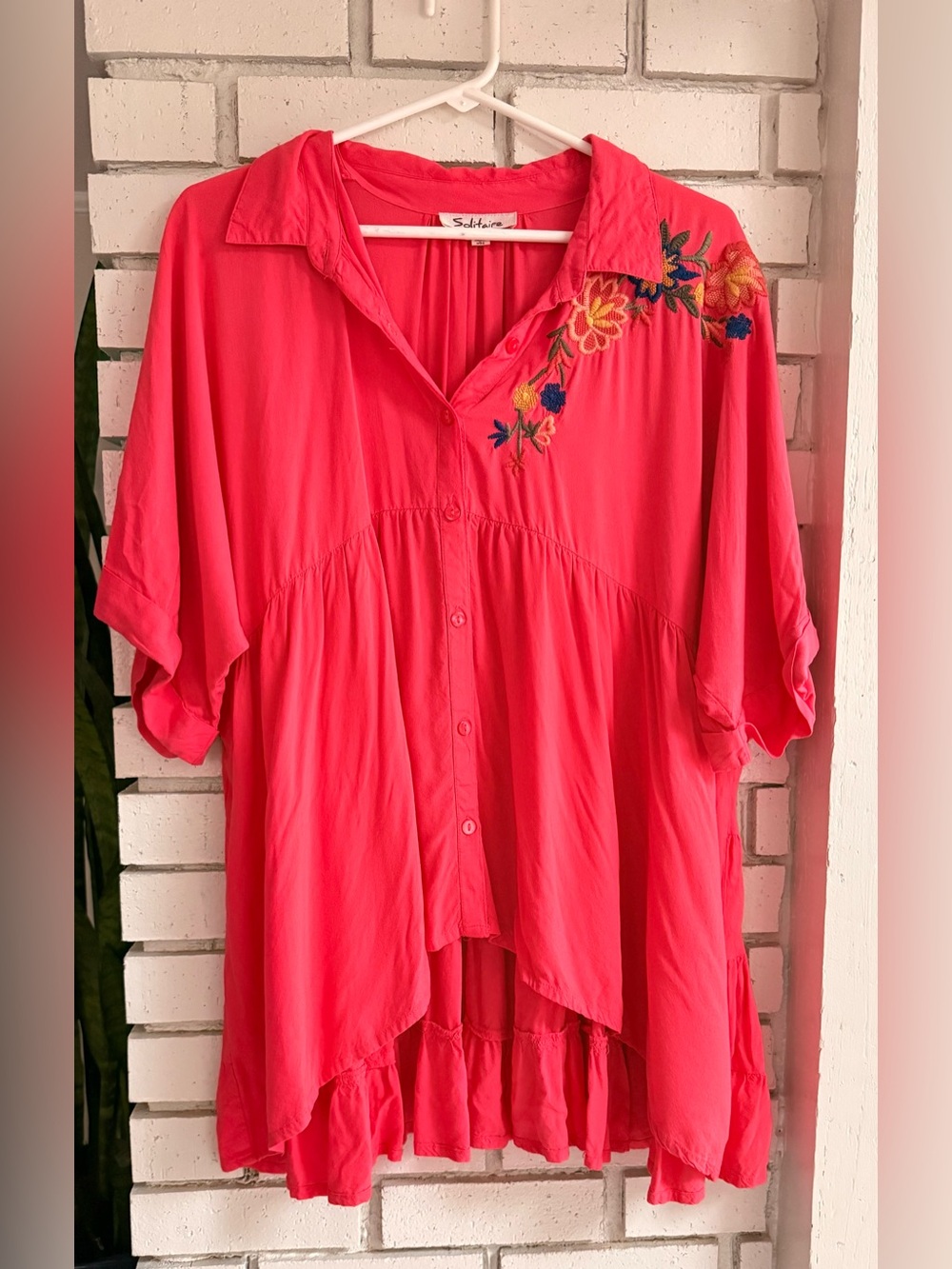 Solitaire Embroidered Boho Tunic Top Coral Pink Button Front Flowy Oversized L
